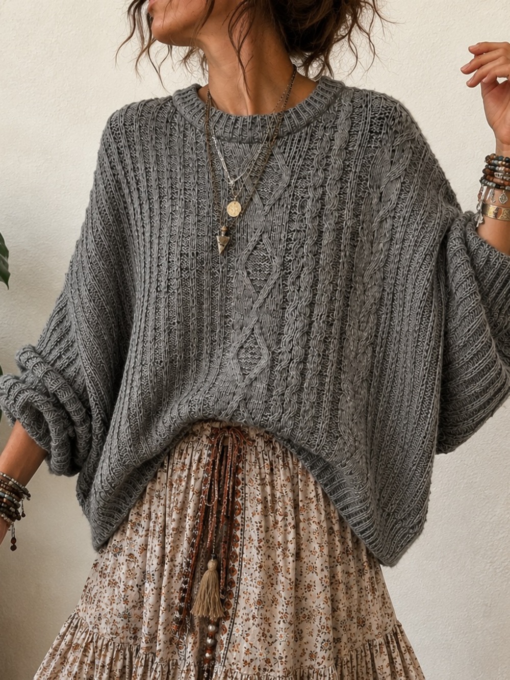 Free People Chunky Gray Cable Knit Dolman Sleeve Sweater Small